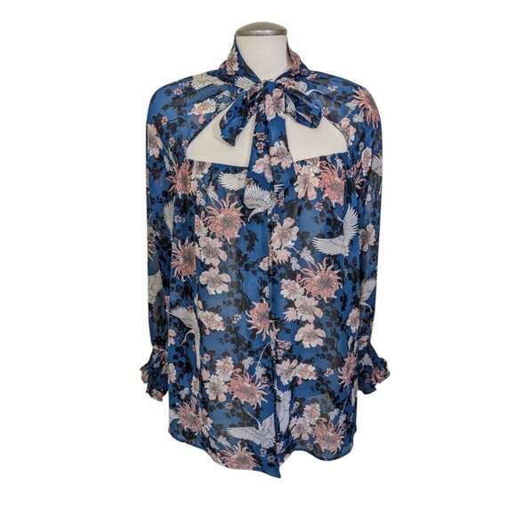 Michel Studio Womens Plus 3X Sheer Button Blouse Long Sleeve Shirt Crane Flowers - Picture 1 of 7